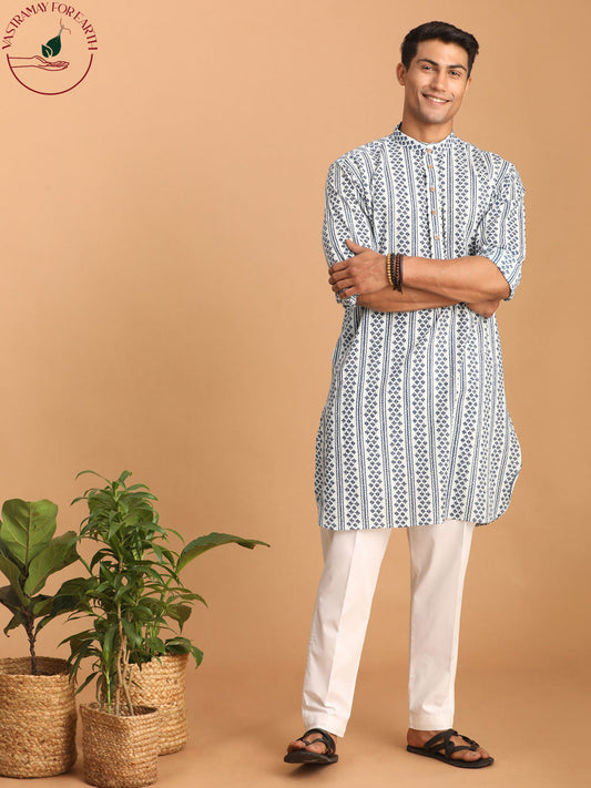 vastramay mens white and blue geometrical striped printed curved kurta with white pant set 1