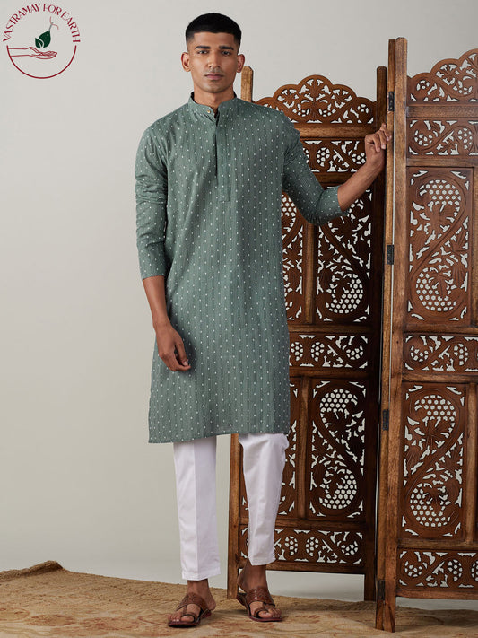vastramay mens green cotton jacquard kurta with white pant set