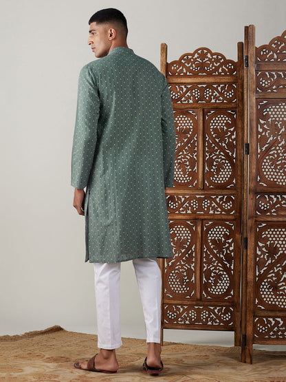 VASTRAMAY Men's Green cotton Jacquard Kurta With White Pant Set