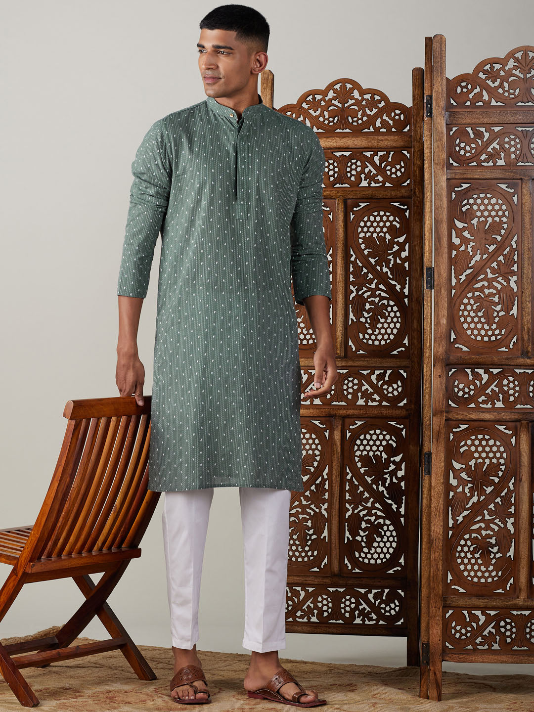 VASTRAMAY Men's Green cotton Jacquard Kurta With White Pant Set