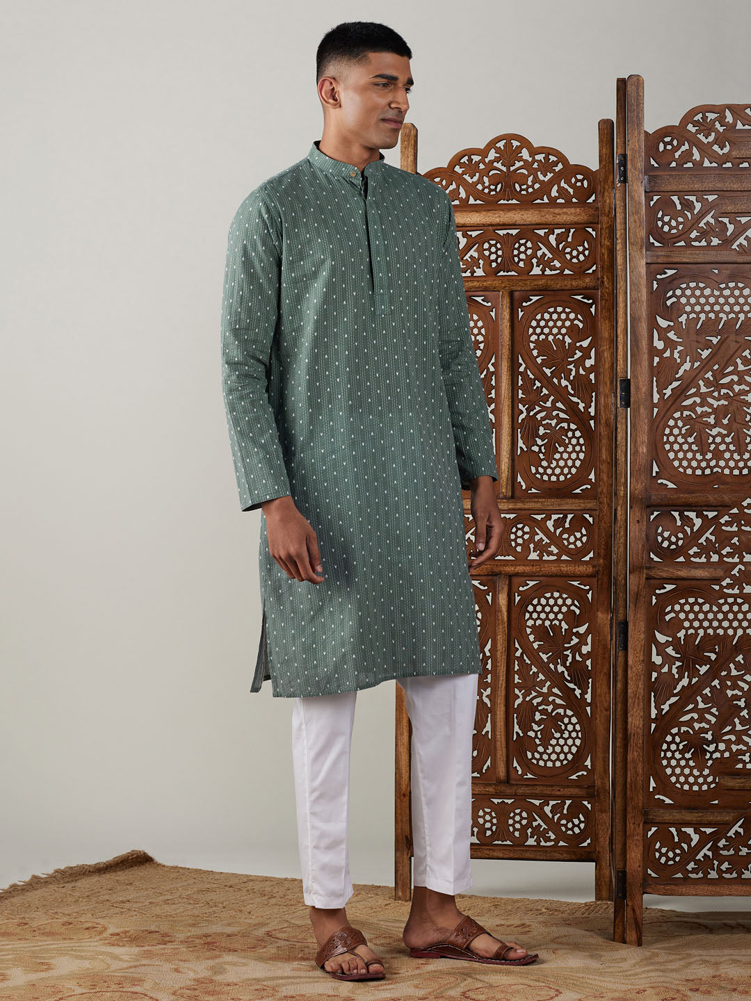 VASTRAMAY Men's Green cotton Jacquard Kurta With White Pant Set