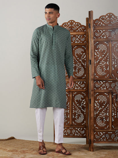 SHVAAS By VASTRAMAY Men's Green cotton Jacquard Kurta With White Pant Set