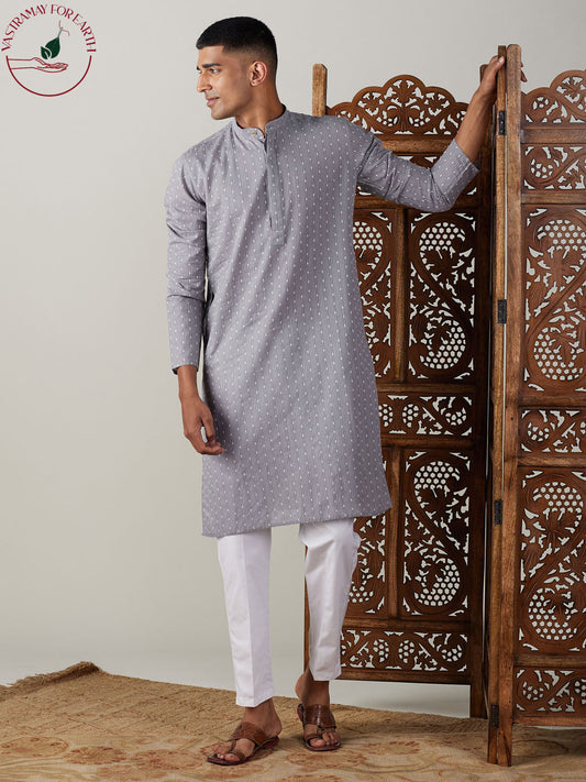 vastramay mens grey cotton jacquard kurta with white pant set