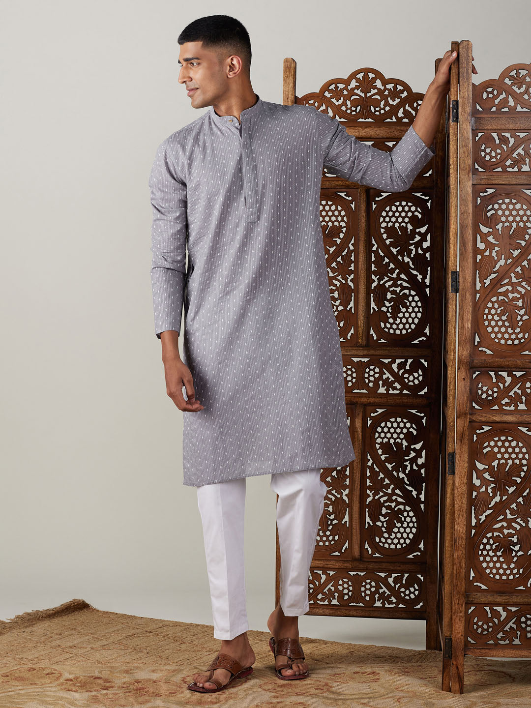 VASTRAMAY Men's Grey cotton Jacquard Kurta With White Pant Set