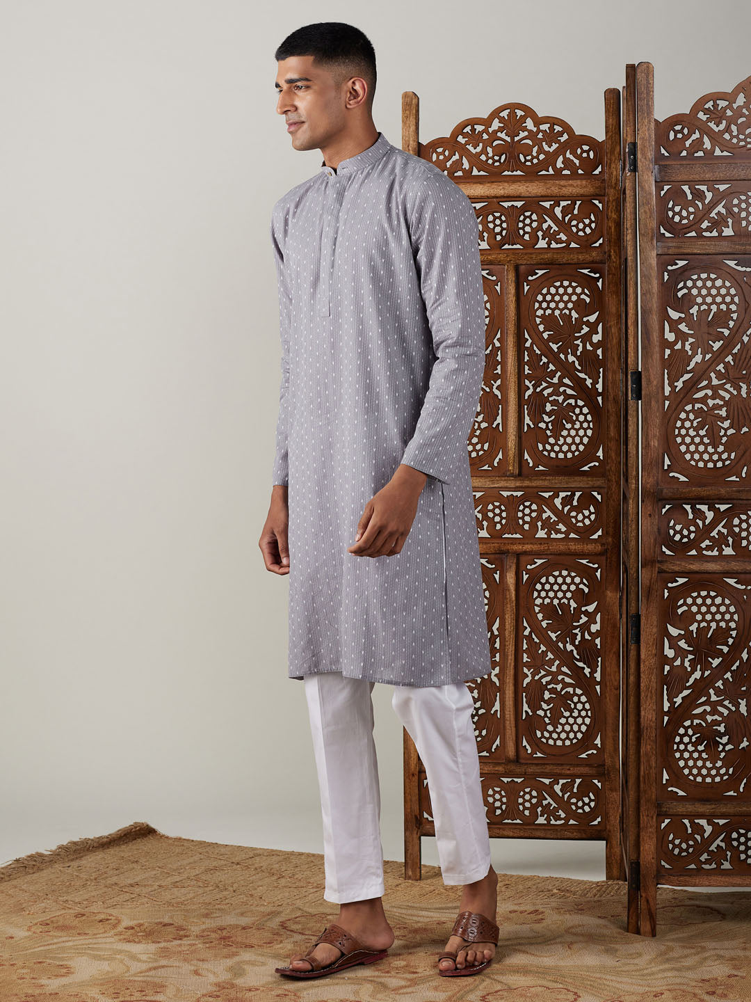 VASTRAMAY Men's Grey cotton Jacquard Kurta With White Pant Set