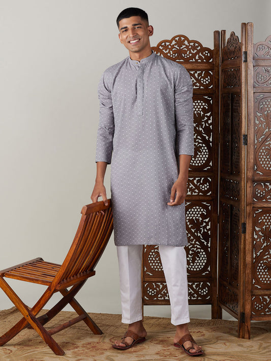 SHVAAS By VASTRAMAY Men's Grey cotton Jacquard Kurta With White Pant Set