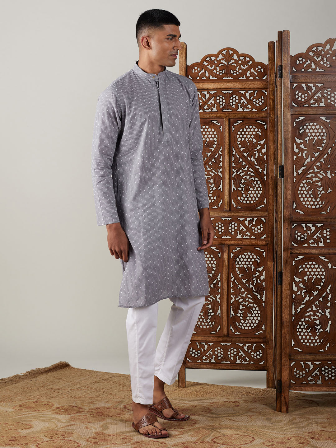 VASTRAMAY Men's Grey cotton Jacquard Kurta With White Pant Set