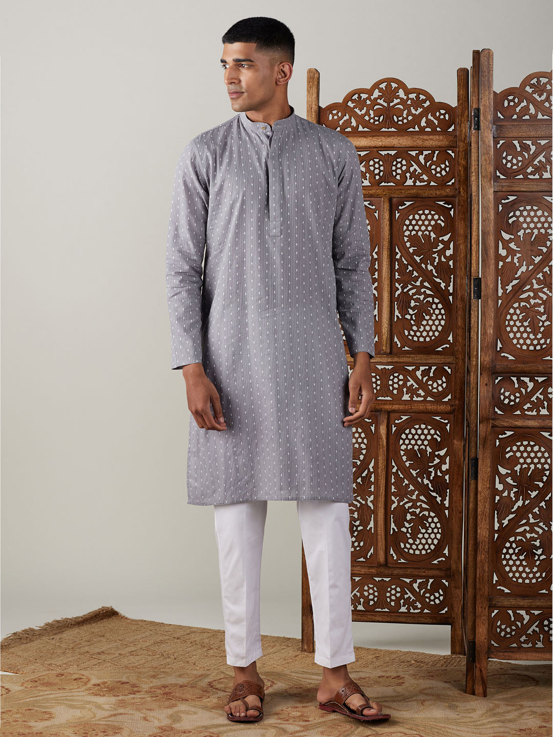 VASTRAMAY Men's Grey cotton Jacquard Kurta With White Pant Set