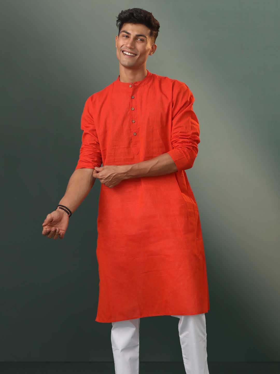 Vastramay Men's Red Pure Cotton Handloom Kurta