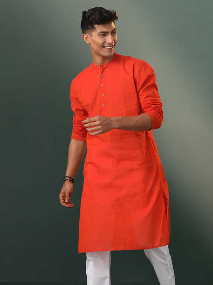 Vastramay Men's Red Pure Cotton Handloom Kurta