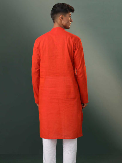 Vastramay Men's Red Pure Cotton Handloom Kurta