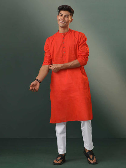 VASTRAMAY Men's Red Pure Cotton Handloom Kurta Pyjama Set