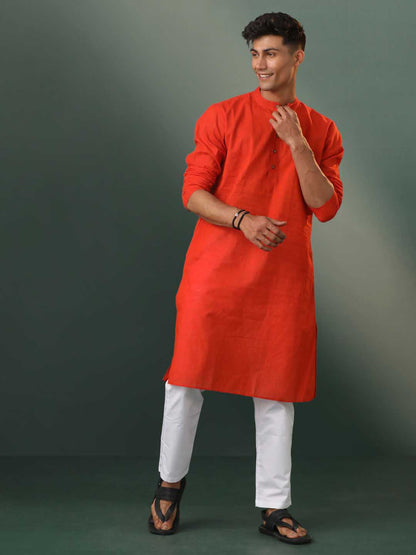 VASTRAMAY Men's Red Pure Cotton Handloom Kurta Pyjama Set