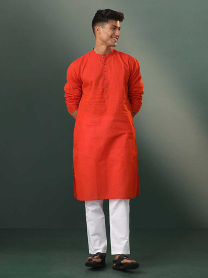 VASTRAMAY Men's Red Pure Cotton Handloom Kurta Pyjama Set