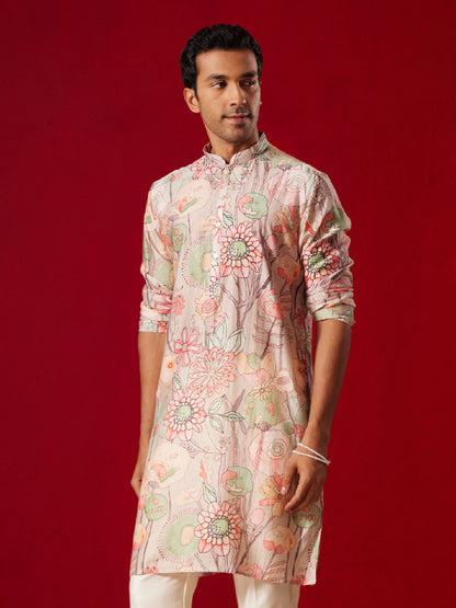 SHVAAS By VASTRAMAY Men's Multicolor Base Peach cotton Printed Kurta