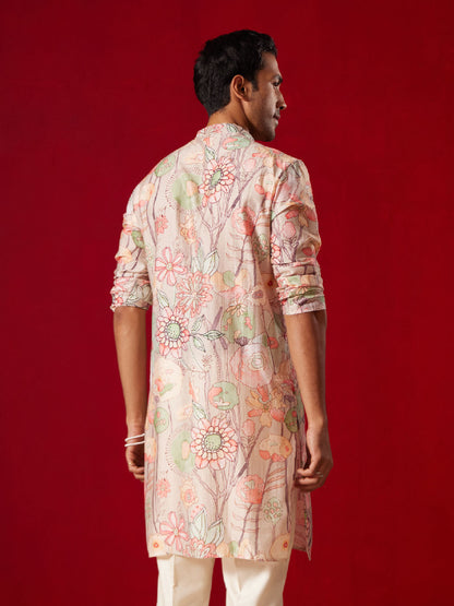 SHVAAS By VASTRAMAY Men's Multicolor Base Peach cotton Printed Kurta