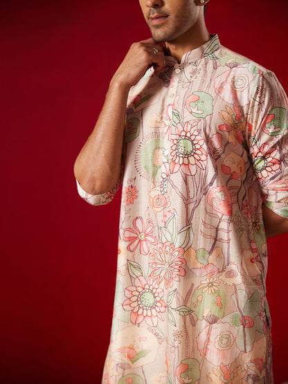 SHVAAS By VASTRAMAY Men's Multicolor Base Peach cotton Printed Kurta