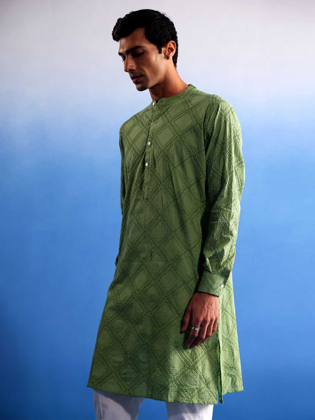 SHVAAS By VASTRAMAY Men's Green Hakooba Cotton Kurta