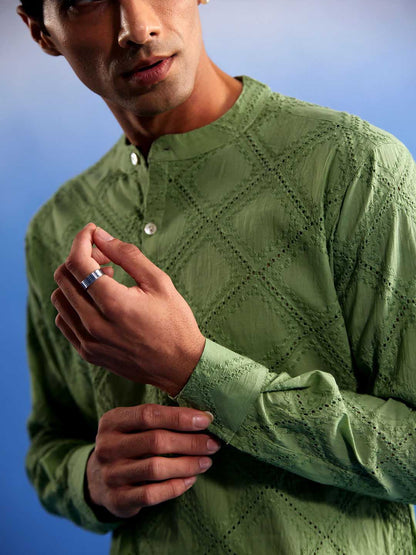 SHVAAS By VASTRAMAY Men's Green Hakooba Cotton Kurta