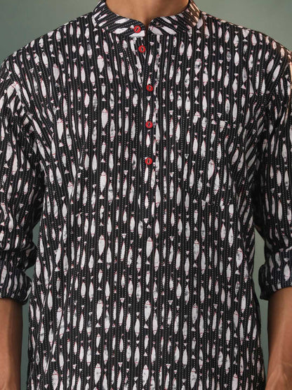 Vastramay Men's Black Printed Cotton Kurta