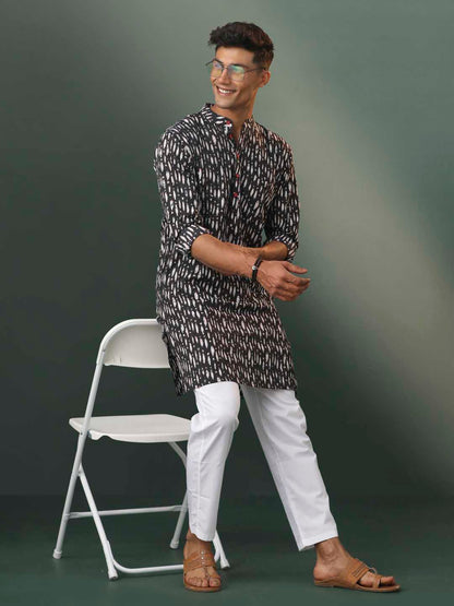 Vastramay Men's Black Printed Cotton Kurta