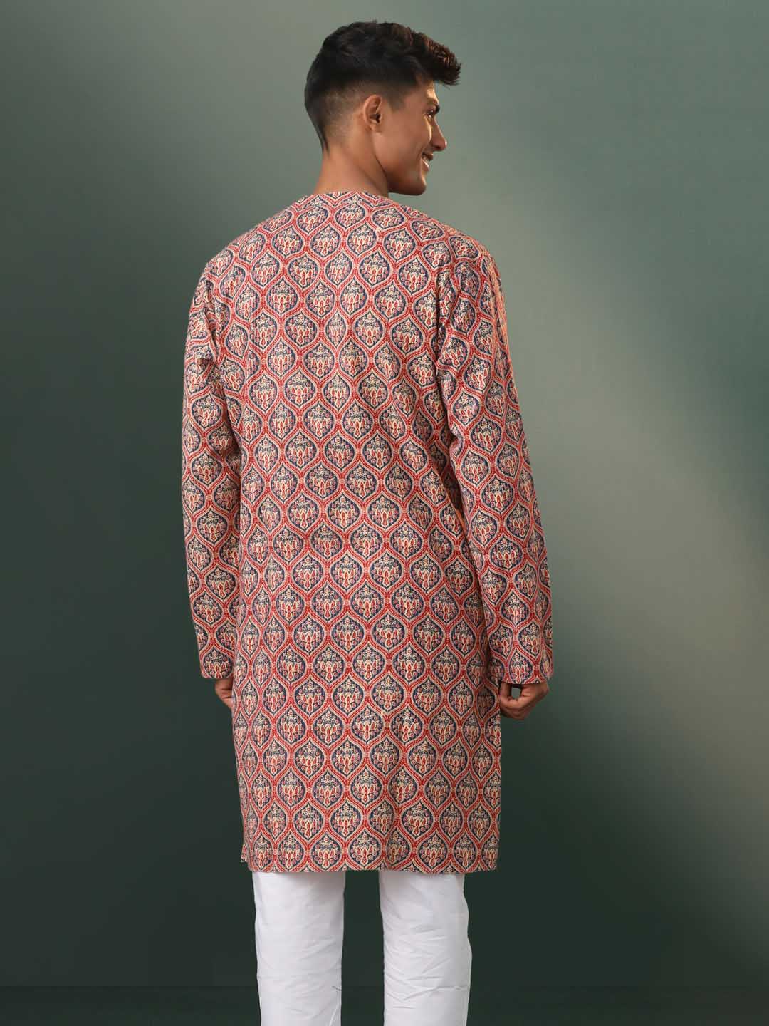 Vastramay Men's Multi Color Base Red Ajrakh Printed Kurta