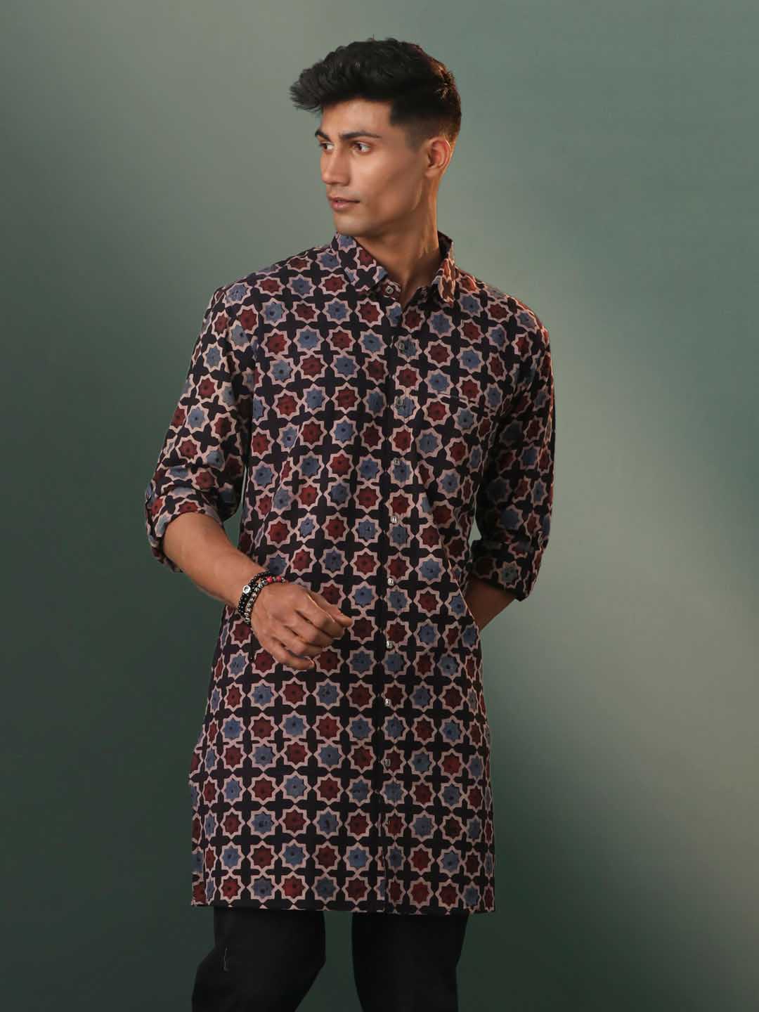 Vastramay Men's Multi Color Base Black Ajrakh Print Cotton Kurta