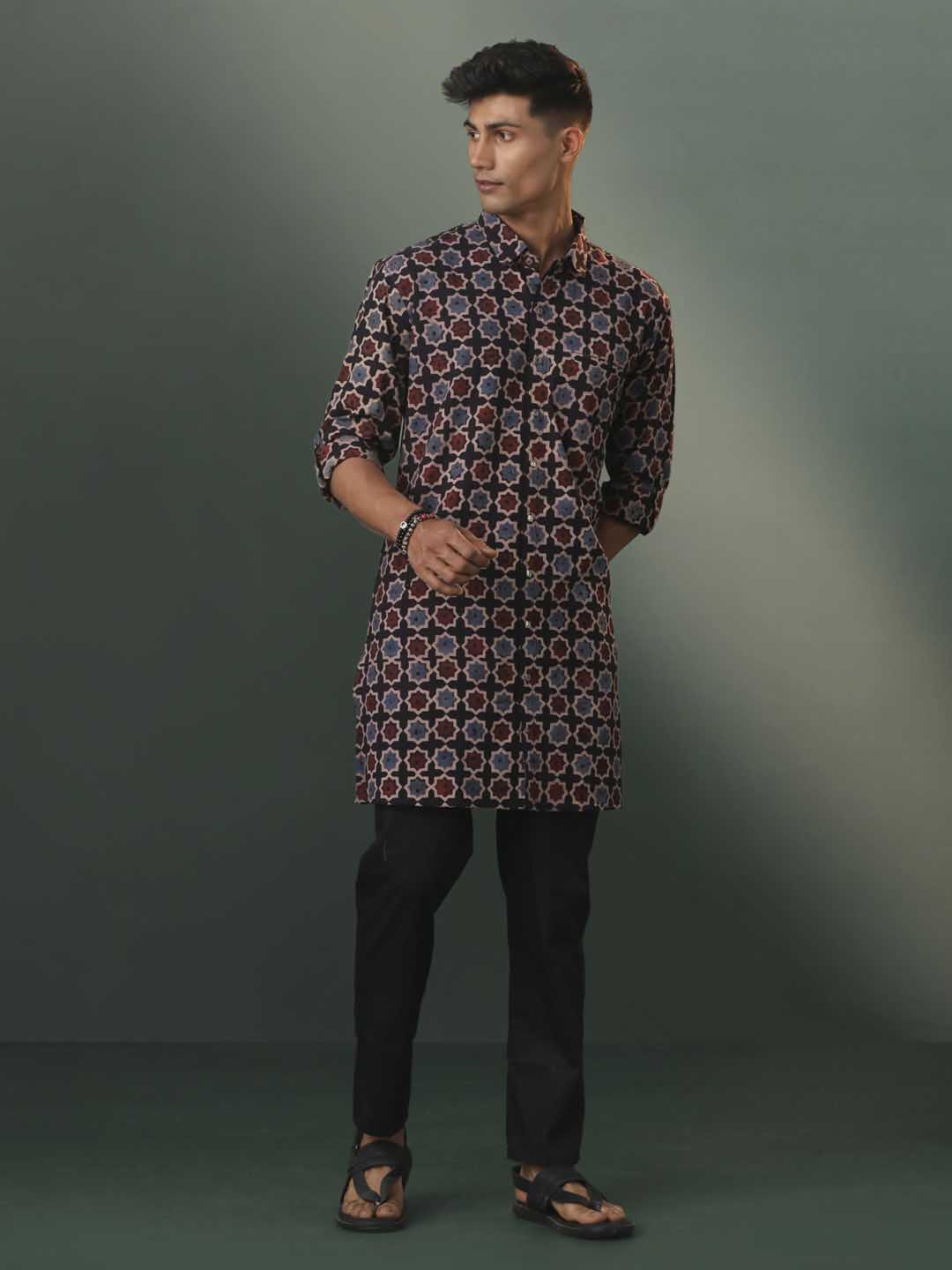 Vastramay Men's Multi Color Base Black Ajrakh Print Cotton Kurta