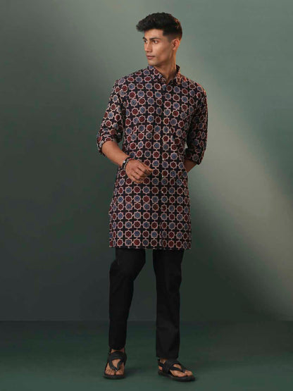 Vastramay Men's Multi Color Base Black Ajrakh Print Cotton Kurta