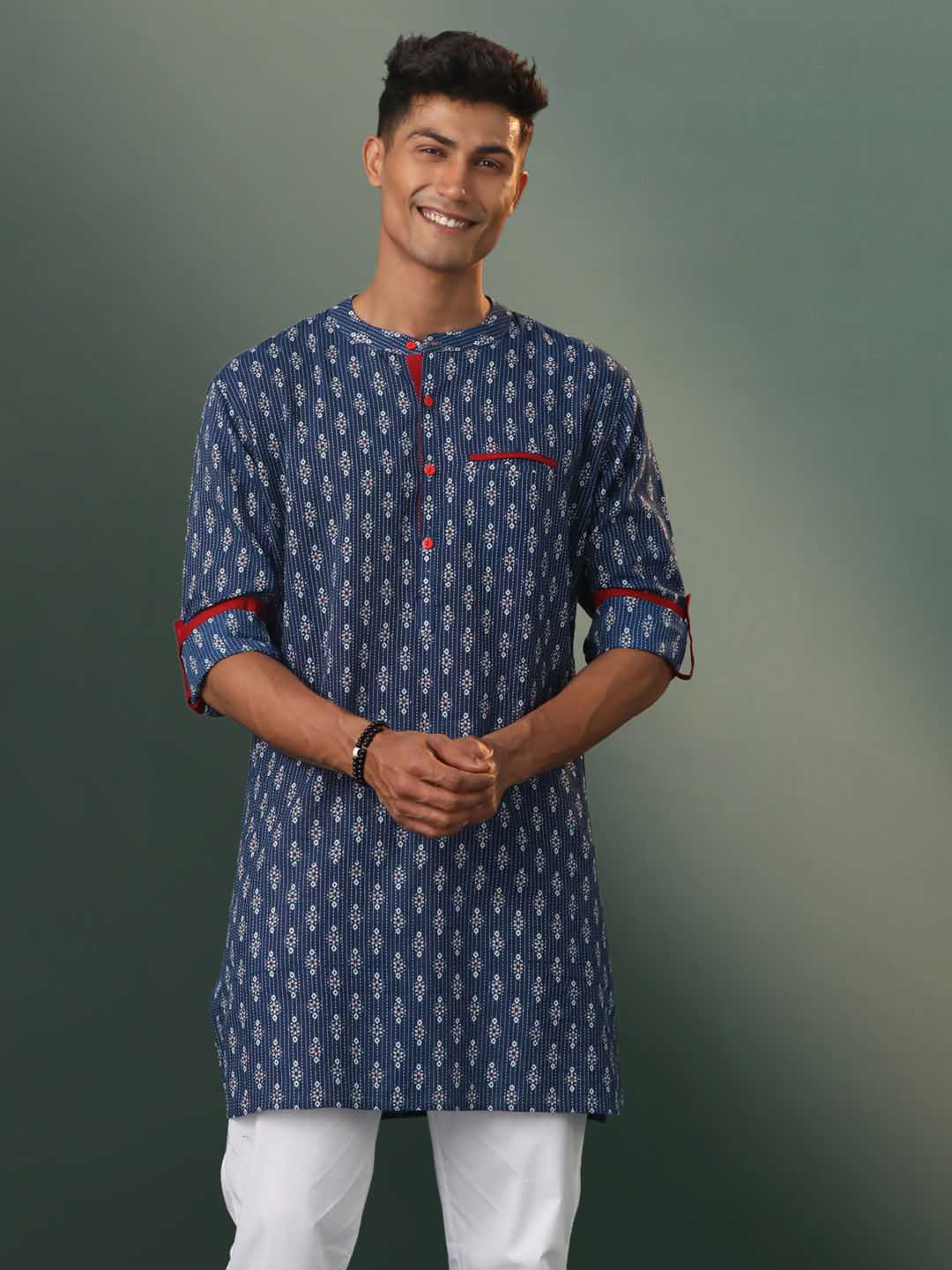 SHVAAS By VASTRAMAY Men's Navy Blue Block Print With Thread Work Cotton Kurta