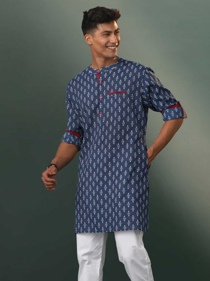 Vastramay Men's Navy Blue Block Print With Thread Work Cotton Kurta