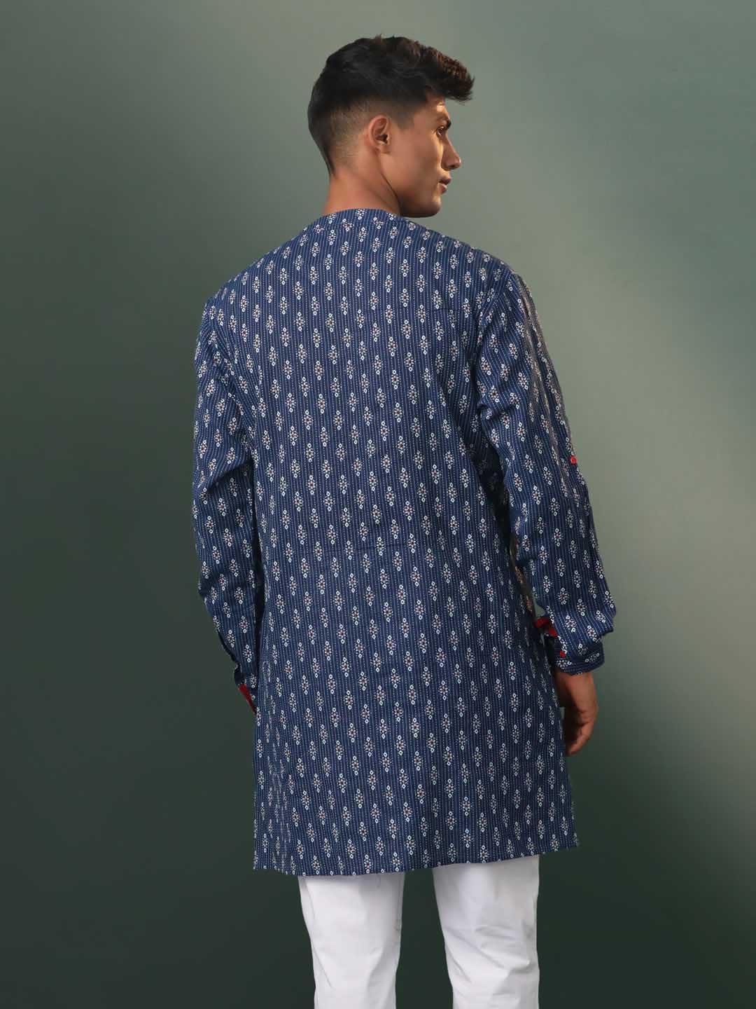 Vastramay Men's Navy Blue Block Print With Thread Work Cotton Kurta