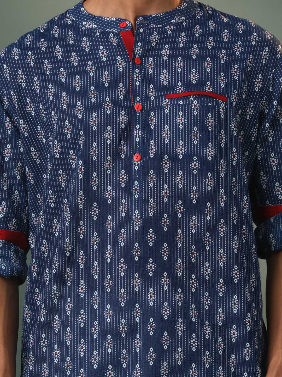 Vastramay Men's Navy Blue Block Print With Thread Work Cotton Kurta