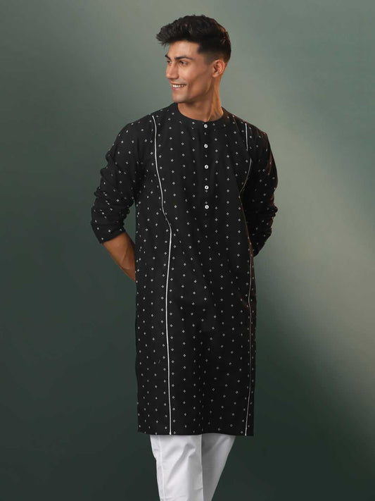 SHVAAS By VASTRAMAY Men's Black Jacquard Cotton Kurta