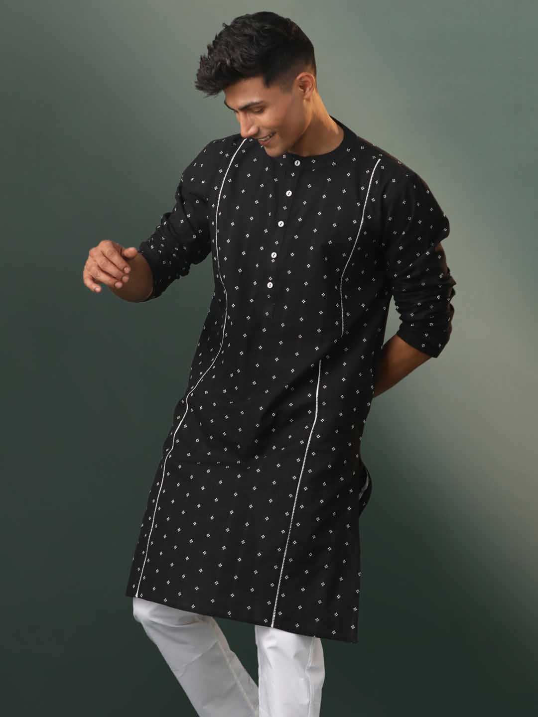 Vastramay Men's Black Jacquard Cotton Kurta