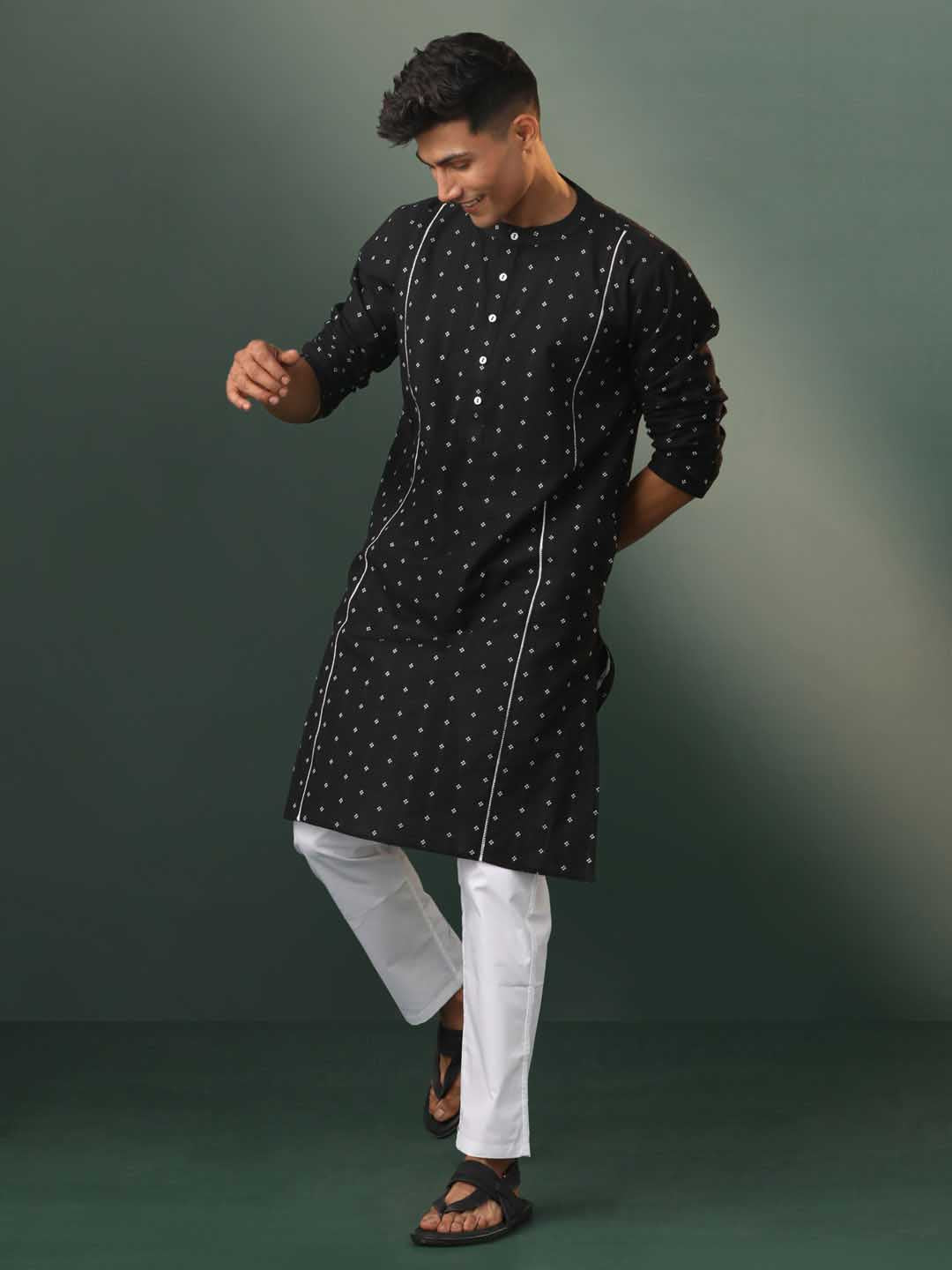 Vastramay Men's Black Jacquard Cotton Kurta Pyjama Set