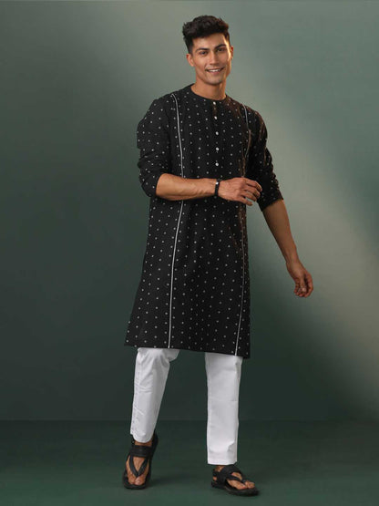 Vastramay Men's Black Jacquard Cotton Kurta Pyjama Set