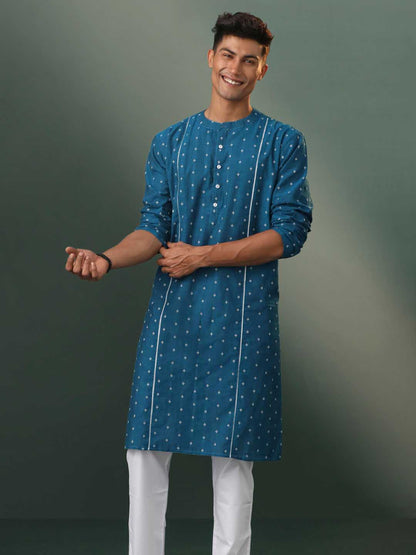 SHVAAS By VASTRAMAY Men's Turquoise Blue Jacquard Cotton Kurta