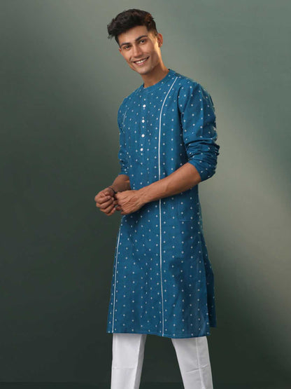 Vastramay Men's Turquoise Blue Jacquard Cotton Kurta