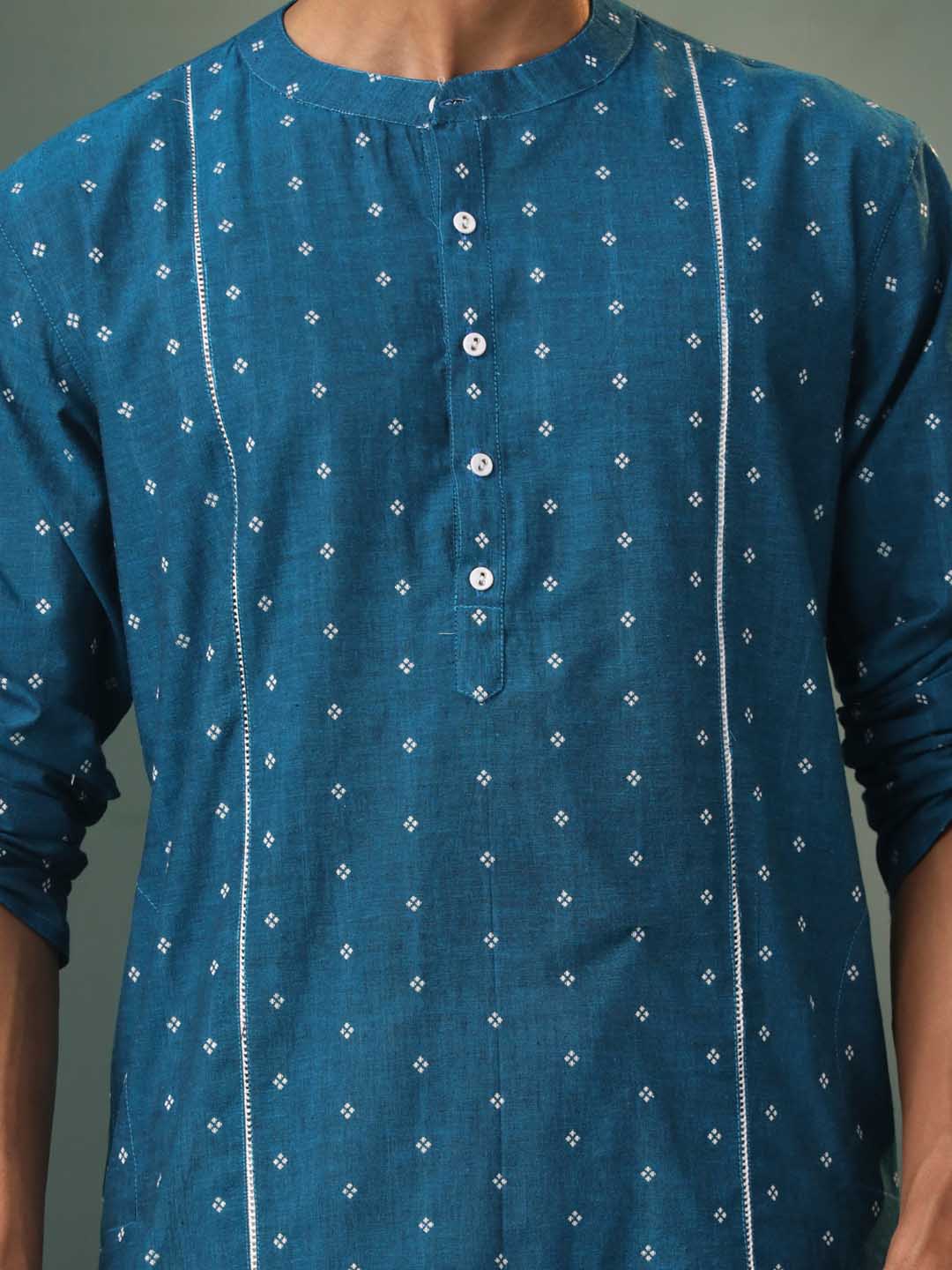 Vastramay Men's Turquoise Blue Jacquard Cotton Kurta