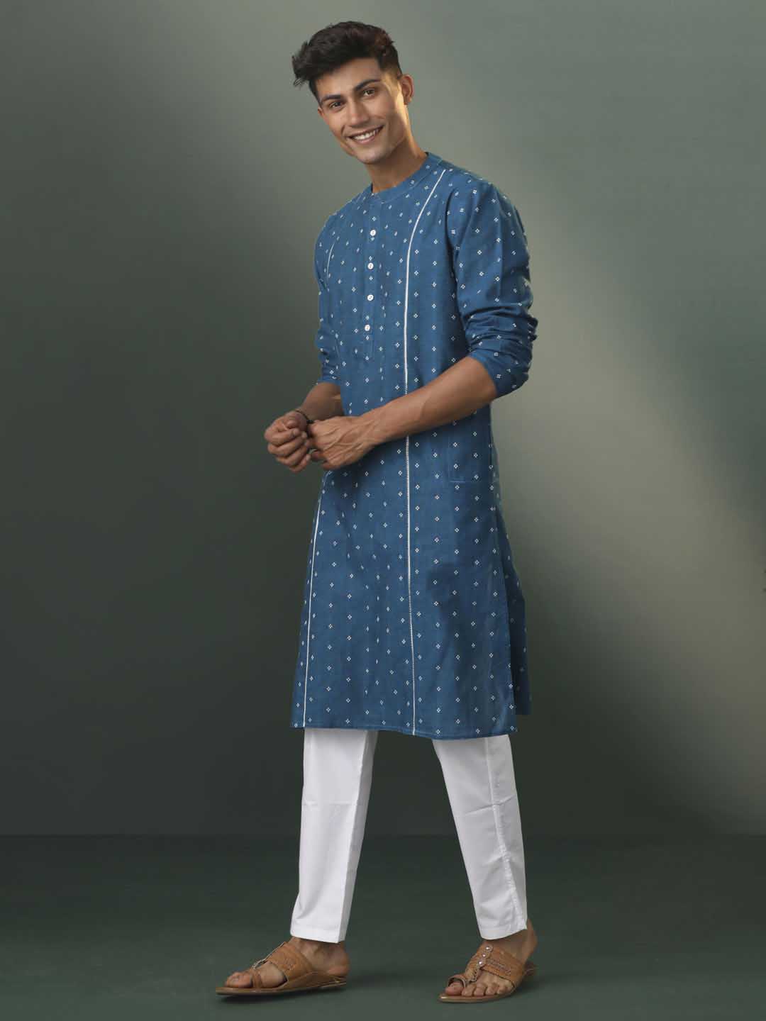 Vastramay Men's Turquoise Blue Jacquard Cotton Kurta Pyjama Set