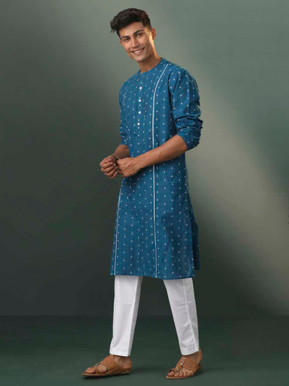 Vastramay Men's Turquoise Blue Jacquard Cotton Kurta Pyjama Set