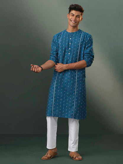 Vastramay Men's Turquoise Blue Jacquard Cotton Kurta Pyjama Set