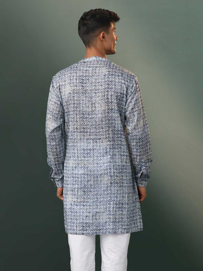 Vastramay Men's Grey Geometric Print Cotton Blend Kurta