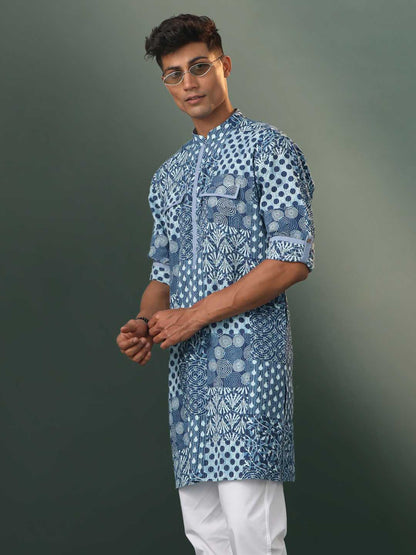 Vastramay Men's Grey Block Print Cotton Kurta