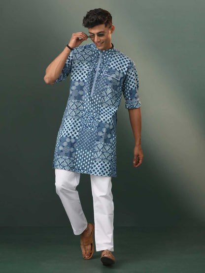 Vastramay Men's Grey Block Print Cotton Kurta