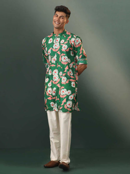 Vastramay Men's Green Floral Print Cotton Blend Kurta Pyjama Set