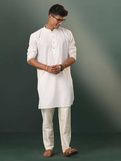 SHVAAS By VASTRAMAY Men's White Jacquard Cotton Kurta Pyjama Set