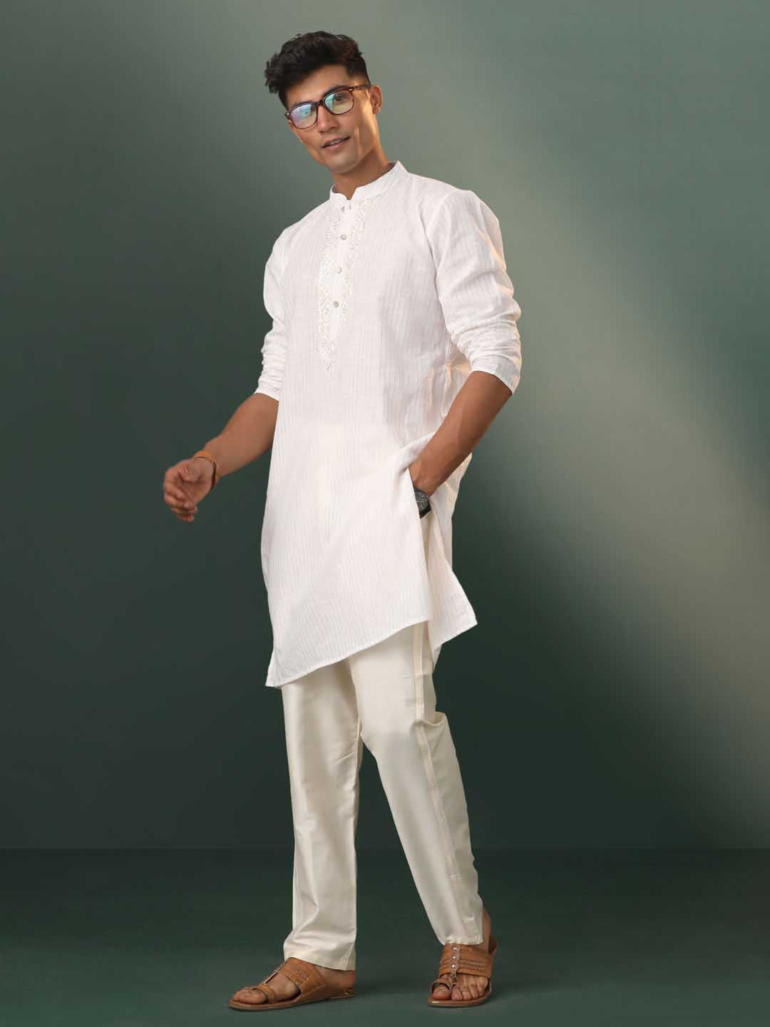 Vastramay Men's White Jacquard Cotton Kurta Pyjama Set