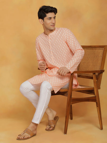 Vastramay Men's Peach Cotton Kurta